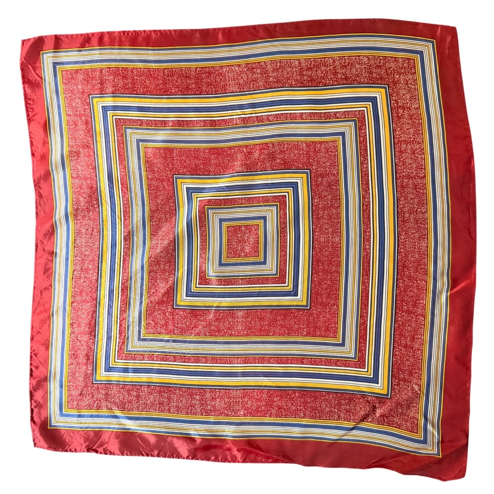 Vintage Red Geometric Square Scarf Yellow Blue Striped Border Silky Neck‎ Scarf